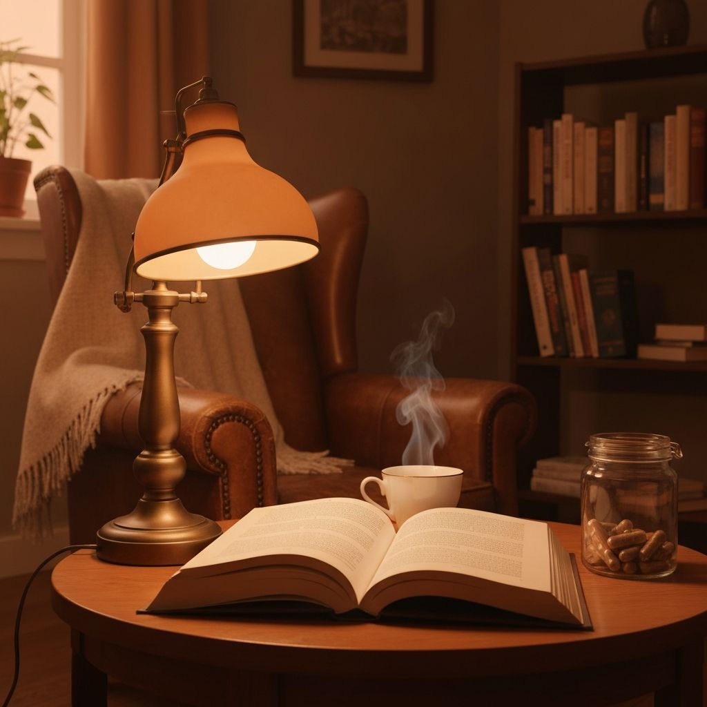 Warme Abendszene mit Lampe, offenem Buch, Tasse und Supplementenglas