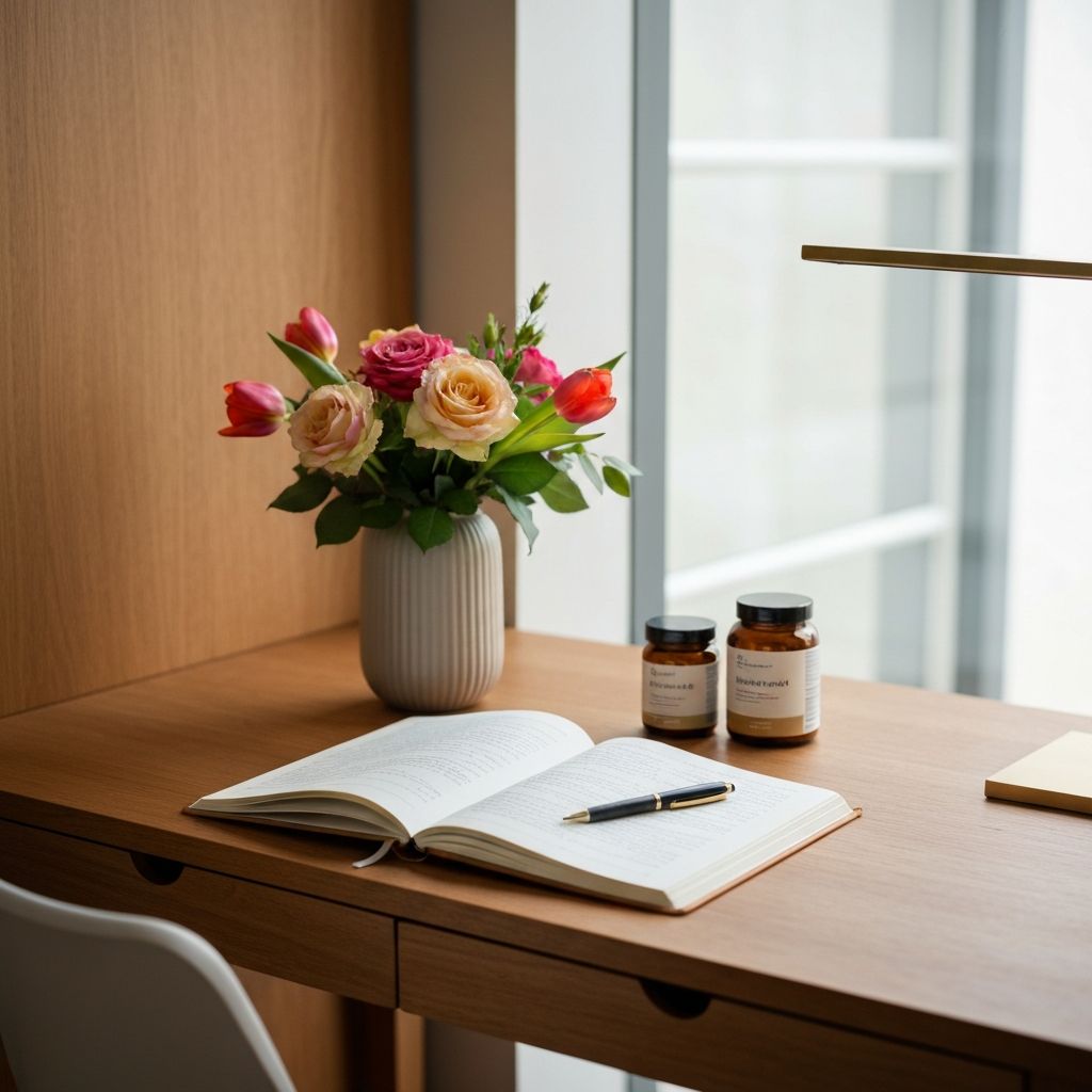 Eleganter Schreibtisch mit Tagebuch, Blumen und Supplementengläsern
