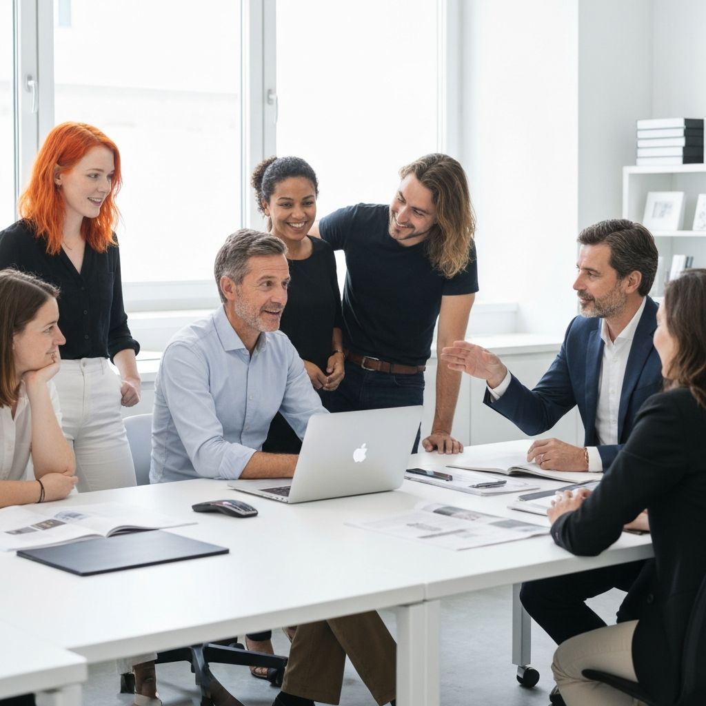 Editorial-Team in hellem Studio-Arbeitsraum mit natürlichem Licht